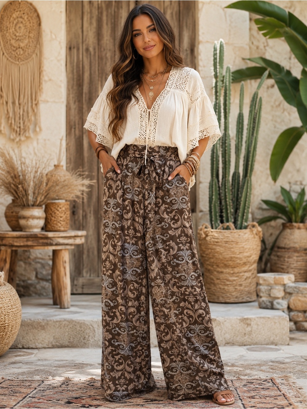 B762. Boho Chic Wide Leg Printed Palazzo Pants